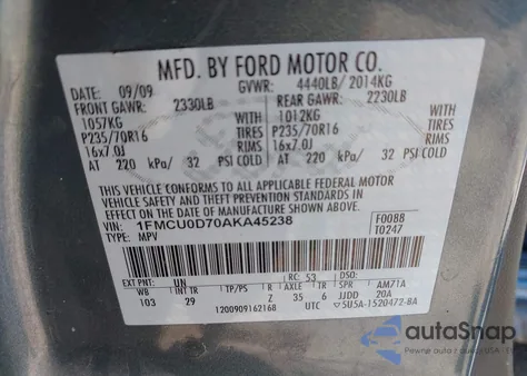 2010 Ford Escape Xlt из США, поврежденный, VIN 1FMCU0D70AKA45238